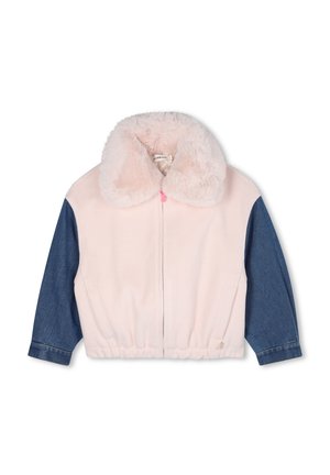 Lys rosa jakke med en fluffy krage og denim ermer. Har glidelås foran og elastisk midje; myk tekstur og uformelt design.