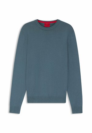 Round-necked sweater in a muted blue color, made of a smooth fabric. Features subtle 'HUGO' branding on the chest and ribbed cuffs and hem.