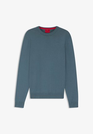 Round-necked sweater in a muted blue color, made of a smooth fabric. Features subtle 'HUGO' branding on the chest and ribbed cuffs and hem.