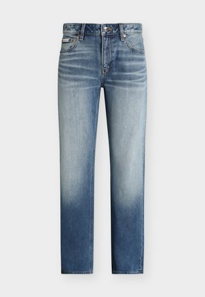 Blugi albaștri cu croială dreaptă, spălare estompată, stil cu cinci buzunare și închidere cu nasture în talie.