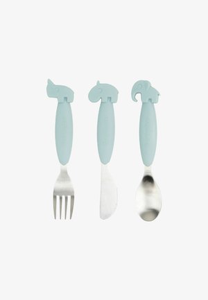 Set van drie bestekstukken: vork, mes en lepel. Zachte blauwe handvatten met dierenvormige bovenkanten. Roestvrijstalen eetoppervlakken.