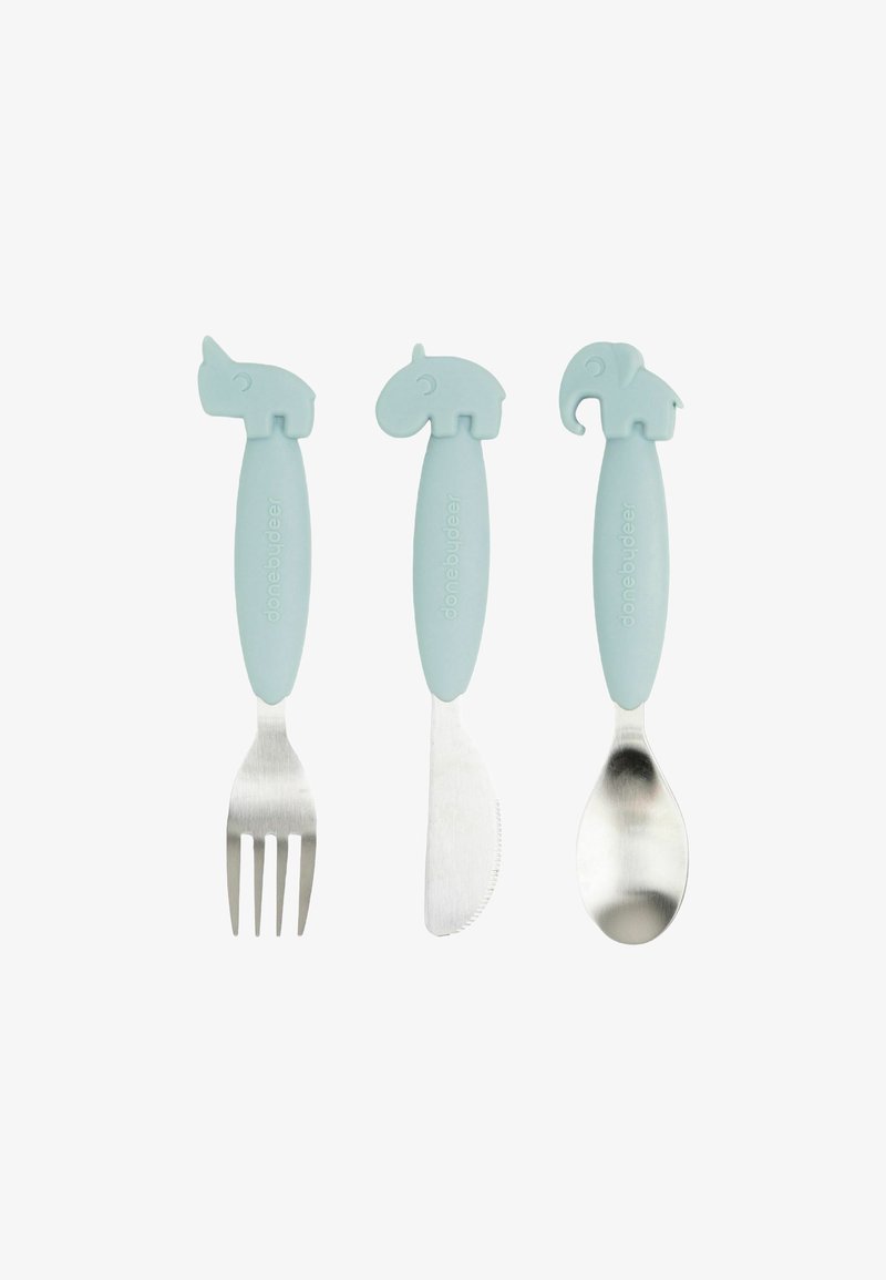 Kolmese komplekt toiduriistu: kahvel, nuga ja lusikas. Pehmed sinised käepidemed loomakujuliste pealsetega. Roostevabast terasest söömispinnad.
