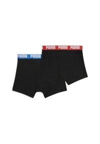 Zwarte boxershorts met contrasterende elastische taillebanden, één in het rood en één in het blauw, met een witte 'PUMA' logo op elke band.