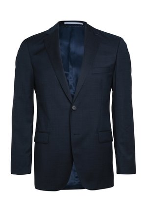 Marineblauer Blazer aus strukturiertem Stoff. Verfügt über einen Ein-Knopf-Verschluss, Revers mit Kerbe und eine Brusttasche. Das Innenfutter ist kontrastierend gestaltet.