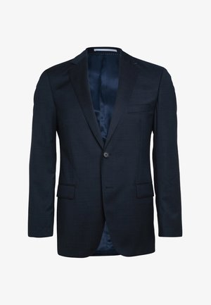 Marineblauer Blazer aus strukturiertem Stoff. Verfügt über einen Ein-Knopf-Verschluss, Revers mit Kerbe und eine Brusttasche. Das Innenfutter ist kontrastierend gestaltet.
