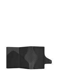 Black wallet made of textured leather, featuring a smooth inner lining, geometric compartments, and a snap closure detail.