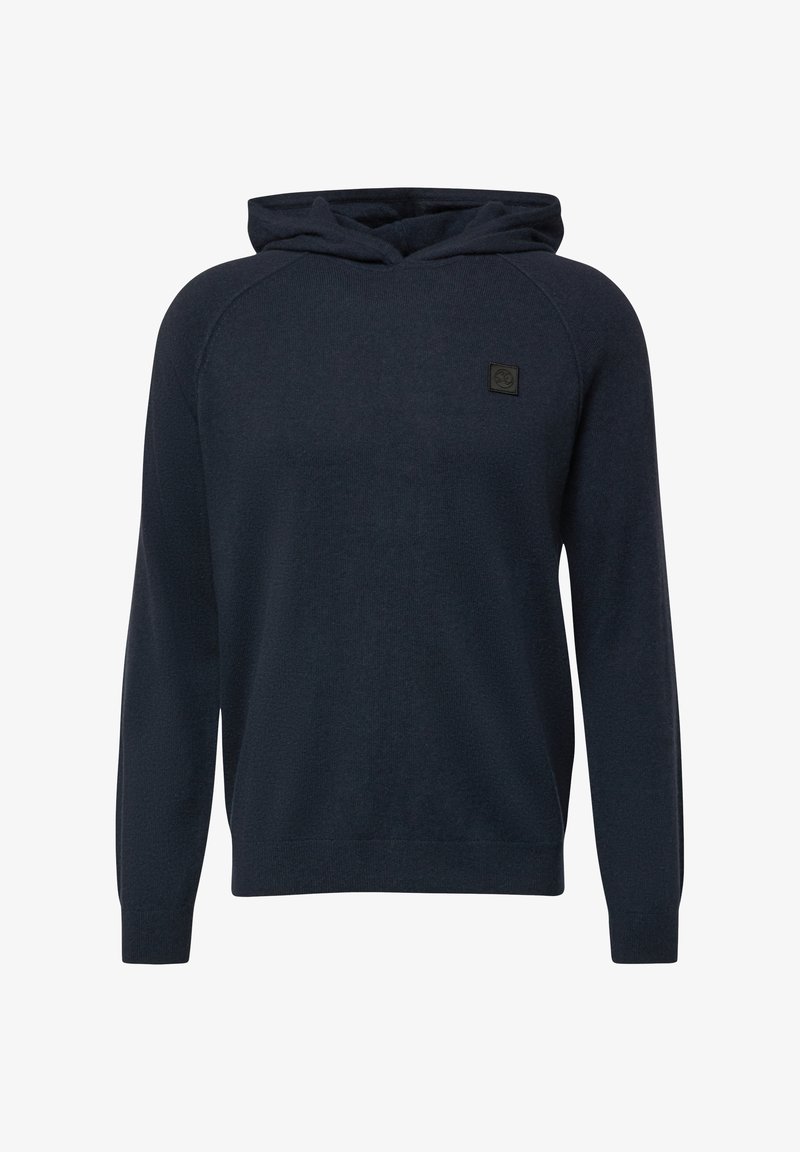 Sweat à capuche en maille bleu marine avec manches longues, poignets et ourlet côtelés, et un petit patch logo carré noir sur la poitrine gauche.