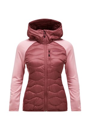 Dames jas met ritssluiting in twee tinten roze, met gewatteerde voorkant, zachte stoffen mouwen en capuchon.