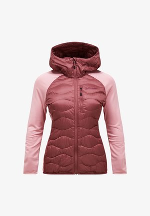 Dames jas met ritssluiting in twee tinten roze, met gewatteerde voorkant, zachte stoffen mouwen en capuchon.