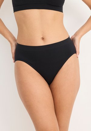 Black high-waisted panties made of smooth fabric, featuring a seamless design and soft elastic waistband for comfort.