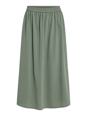 Lichtgroene, knie-lange rok met een elastische tailleband, geplooid ontwerp en een gladde, vloeiende stofstructuur.