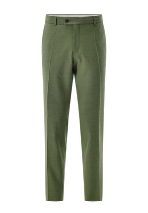 Green trousers with a textured weave, featuring a straight cut, front pleats, and a button closure. Waistband with belt loops.
