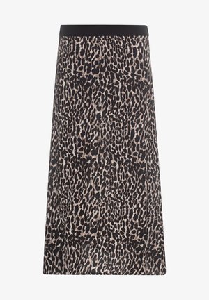 Midi sukně s leopardím vzorem, černým elastickým pasem a rovým střihem.
