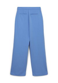 Helleblaue weit geschnittene Hose mit glatter Textur, ausgestattet mit zwei Gesäßtaschen und einem sauberen Taillenbund. Geeignet für legere oder formelle Anlässe.