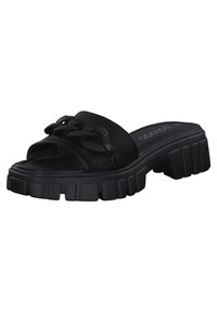 Černé skluzné sandály s tlustou, texturovanou podrážkou, širším svrškem s řetízkovým vzorem na přední části a hladkým povrchem.