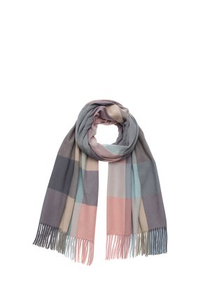 Soft woven scarf with wide pastel stripes in gray, pink, beige, and blue, featuring fringed ends and loosely looped in the center.