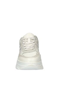 White leather sneaker with gray suede accents, round toe, lace-up design, padded tongue, and a thick white rubber sole, featuring textured details.