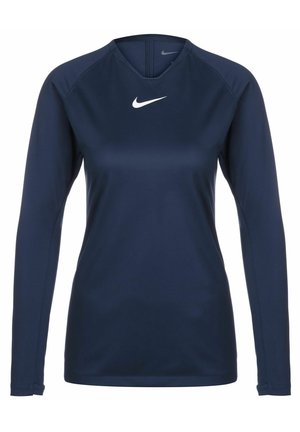 Marineblaues, langärmliges Sportshirt aus glattem Stoff. Mit Rundhalsausschnitt und kleinem weißen Nike-Logo auf der Brust, dazu Raglanärmel.