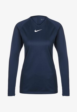 Marineblaues, langärmliges Sportshirt aus glattem Stoff. Mit Rundhalsausschnitt und kleinem weißen Nike-Logo auf der Brust, dazu Raglanärmel.