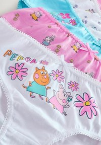 Sous-vêtements pour enfants avec des imprimés colorés de Peppa Pig et de personnages d’animaux dans des tissus roses, bleus et blancs, avec petits nœuds décoratifs.