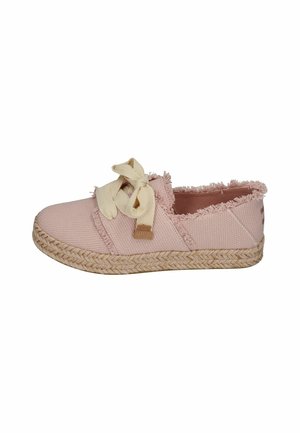 Hellrosa Espadrille-Schuhe mit ausgefransten Kanten, einer cremigen Schleifendetails und einer gewebten Jutesohle. Texturiertes Material und ein niedriger Profildesign.