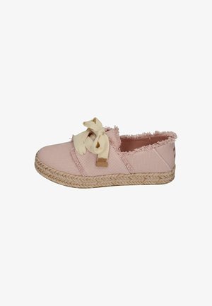 Light pink espadrille-style shoe with frayed edges, creamy bow detail, and woven jute sole. Textured fabric and a low profile design.