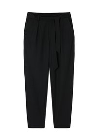 Pantaloni neri slim fit, con una cintura con cintura a nastro, due tasche frontali e un tessuto leggero e liscio.