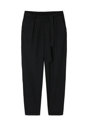 Pantalons noirs à coupe décontractée, dotés d'une ceinture à nouer à la taille, de deux poches avant et d'un tissu lisse et léger.