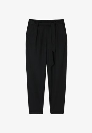 Black trousers with a relaxed fit, featuring a tie belt at the waist, two front pockets, and a smooth, lightweight fabric.