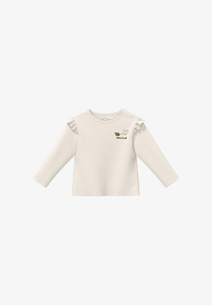 Chemise pour bébé à manches longues couleur crème avec détails froncés aux épaules, deux boutons-pression aux épaules, et un graphique d'abeille avec le texte « bee kind » et un contour de cœur.