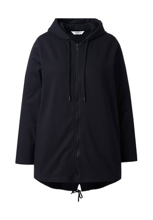 Black hoodie jacket with a front zipper, adjustable drawstring hood, and a drawstring hem. Features long sleeves and a relaxed fit.