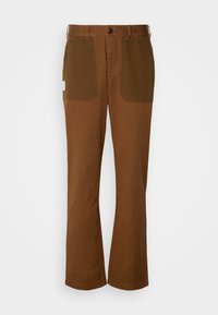 Brown pants with a straight-leg design, featuring a contrasting darker brown panel on the front pockets and a single button closure.