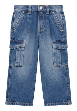 Ljusblå denim cargo-byxor med lös passform, som har sidofickor, plisseringar vid midjan och kontrasterande sömmar.