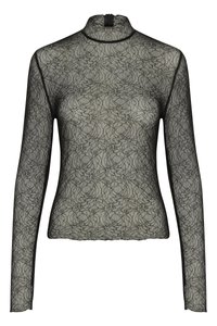 Top in pizzo nero a maniche lunghe con colletto alto, caratterizzato da intricati motivi a spirale e una chiusura con zip sul retro. Trasparente e aderente.
