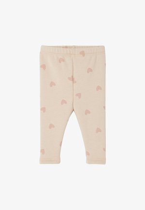 Beige leggings made of soft cotton, featuring a repeated small pink heart pattern. Elastic waistband for comfort, fitted leg design.