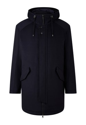 Mørkeblå hætteparka med frontlynlås og trykknapper, justerbar snøre i hætten og to frontlommer med klap.