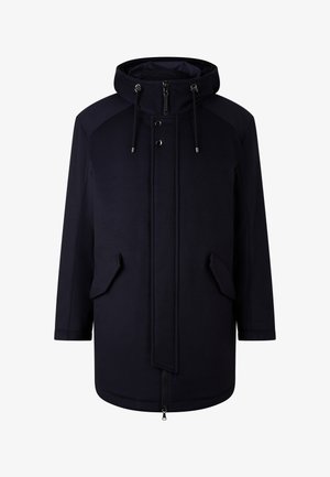 Granatowa parka z kapturem, zamkiem z przodu i zatrzaskami, regulowanym troczkiem kaptura oraz dwiema przednimi kieszeniami z klapami.