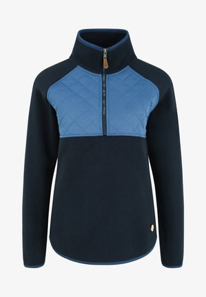 Pullover in fleece con un corpo blu navy e un pannello del torace trapuntato blu chiaro. Presenta un colletto con zip e un logo circolare vicino all'orlo.