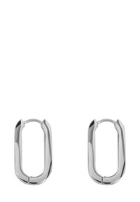 Boucles d'oreilles en métal argenté en forme d'oval allongé. Présentent une surface lisse et un design minimaliste sans embellissements.
