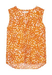 Top sin mangas de color naranja con un patrón floral en diferentes tonos de naranja sobre un fondo blanco; diseño de escote en V con un dobladillo trasero más largo.