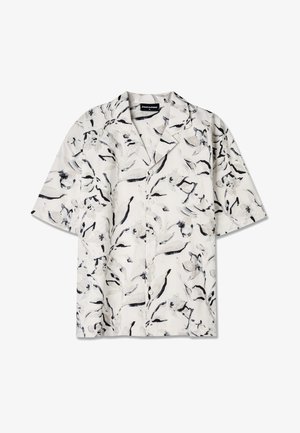 Short-sleeve, open-collar shirt featuring a white base with black and gray floral patterns. Lightweight fabric with button detailing.
