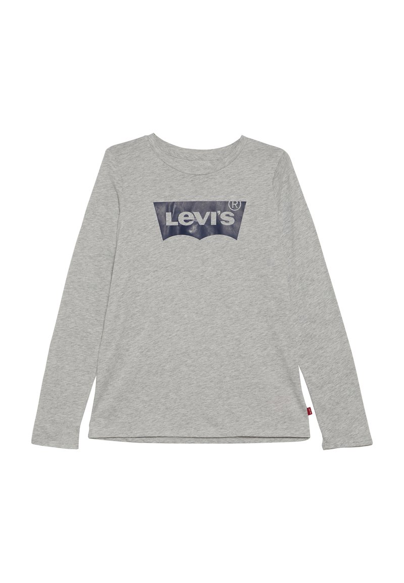 Camiseta de manga larga gris hecha de algodón, con un logo de Levi's en azul marino en el frente en un diseño gráfico clásico. Textura suave, cuello redondo.