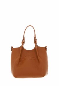 Borsa a tracolla in pelle marrone, con texture, due manici corti, forma arrotondata e design aperto nella parte superiore. Presenta dettagli hardware minimalisti.