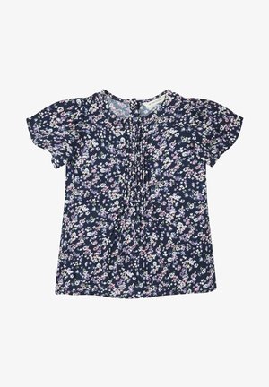 Marineblå kortærmet bluse med foldet front og små blomster i pink, hvid og lavendel, rund halsudskæring og knaplukning bagpå.