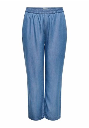 Pantalon en denim bleu clair avec une taille élastique, une coupe large et une texture lisse. Pas de motifs visibles ni de détails en métal.