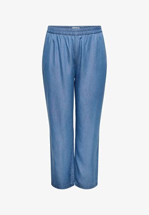 Jasnoniebieskie dżinsowe spodnie z elastycznym pasem, szerokimi nogawkami i gładką fakturą. Brak widocznych wzorów lub detali metalowych.