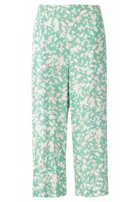 Bloemenpatroon, croptrouser met mintgroen, met witte en beige accenten, gemaakt van lichte stof met een gladde textuur.