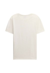T-shirt beige chiaro, maniche corte, scollatura rotonda, realizzata in tessuto morbido con una texture liscia e un design semplice e privo di decorazioni.
