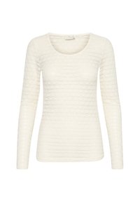 Langermige top in off-white met een textuur van ribbels. Voorzien van een ronde halslijn en een aansluitend ontwerp.