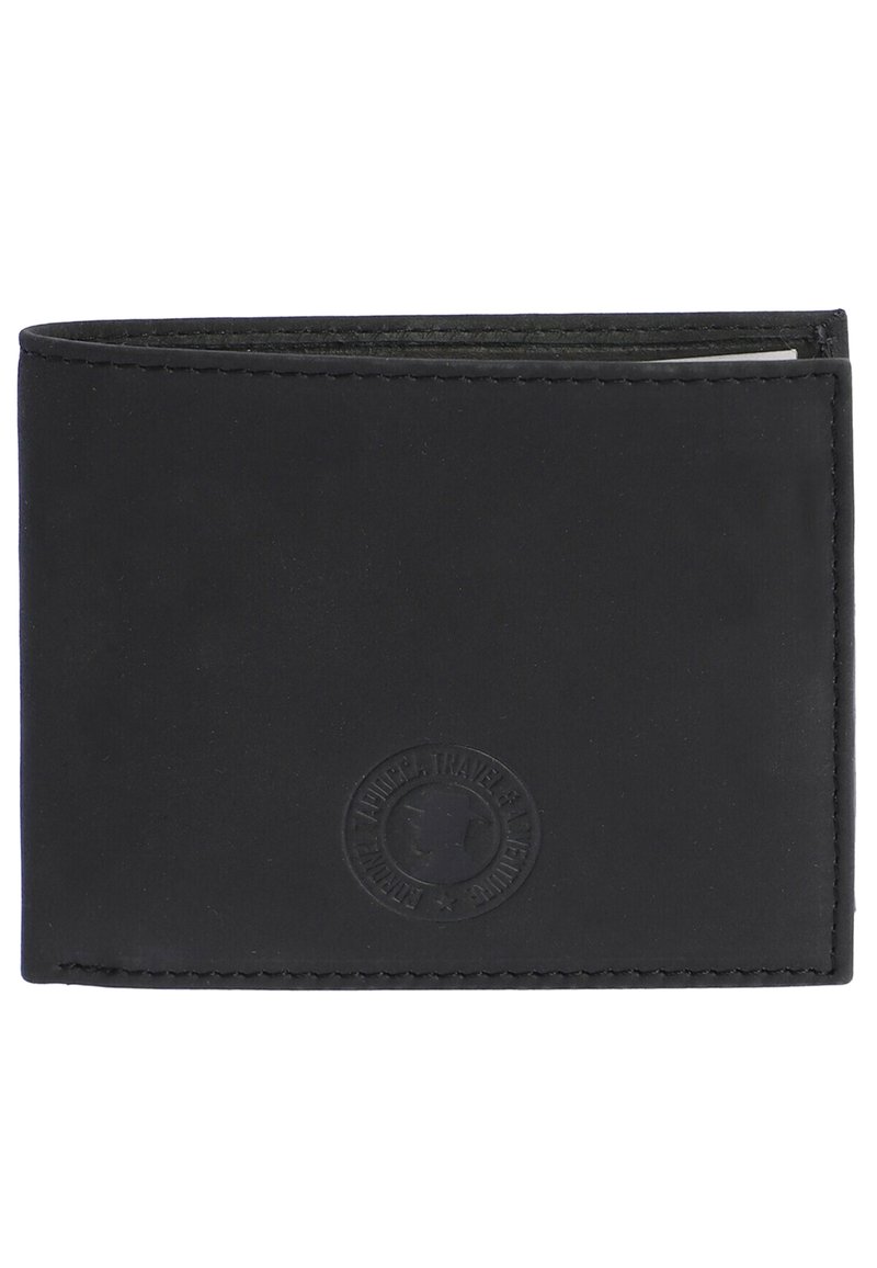 Cartera de cuero negro con logo en relieve, diseño horizontal, plegado simple, costuras visibles y varios compartimentos para tarjetas en su interior.